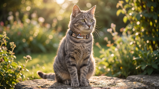 Chat gris tigré portant un collier de sécurité anti-étranglement à motif carreaux