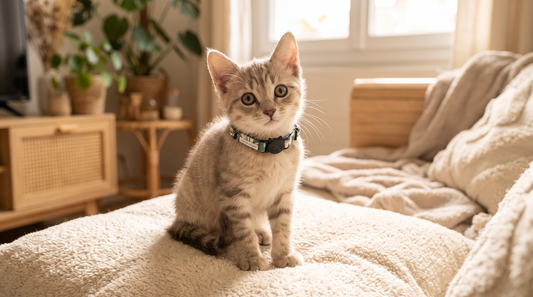 Chaton portant pour la première fois un collier à motif marguerite