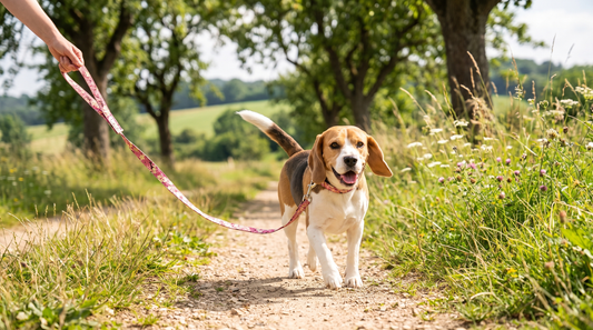 Beagle en balade avec une laisse personnalisée motif sakura sur un chemin de campagne