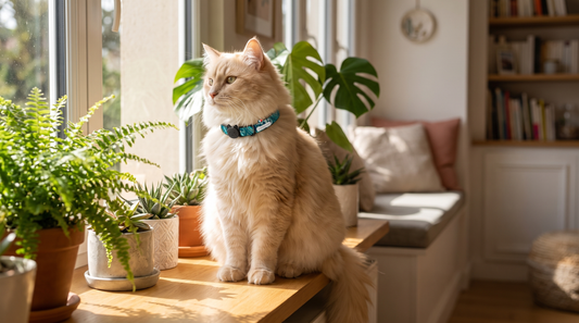Chat au pelage long et crème portant le collier personnalisé nami de L'Atelier de Kinaï, installé sur un rebord de fenêtre ensoleillé