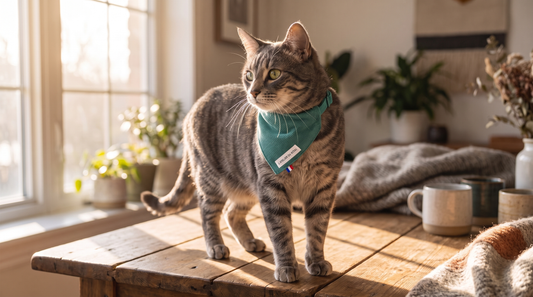 Chat gris tigré portant le bandana velours côtelé personnalisé de L'Atelier de Kinaï assorti à son collier