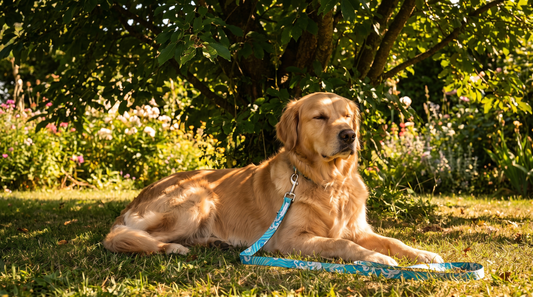Chien golden retriever portant la laisse personnalisée nami de L'Atelier de Kinaï, détendu à l'ombre en été