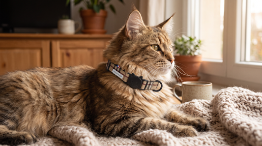 Chat portant un collier personnalisé Kinaï motif carreaux